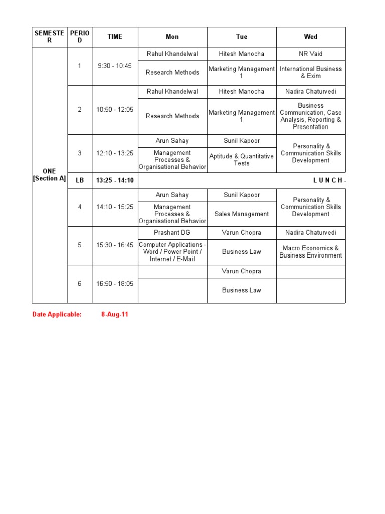 PGPM TimeTable - Sem 1 (8th August 2011 Onwards) | PDF | Self-Improvement