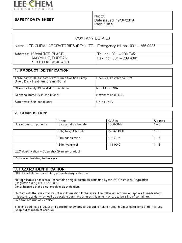 DX Smooth Razor Bump Solution SDS | PDF | Occupational Safety And ...