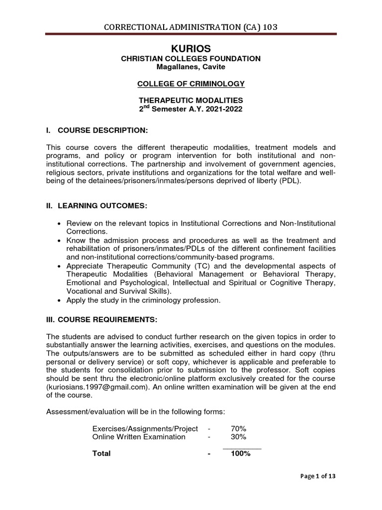 Therapeutic Modalities Module 2nd Semester 2021 2022 | PDF | Prison ...