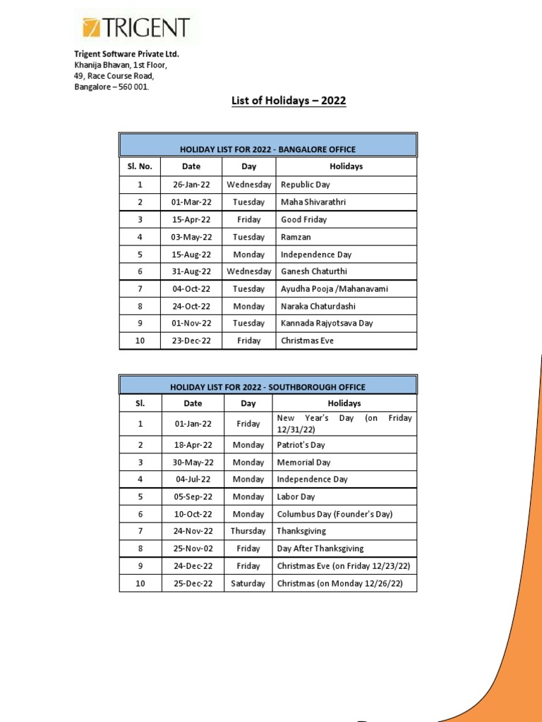 Holiday List 2022 PDF