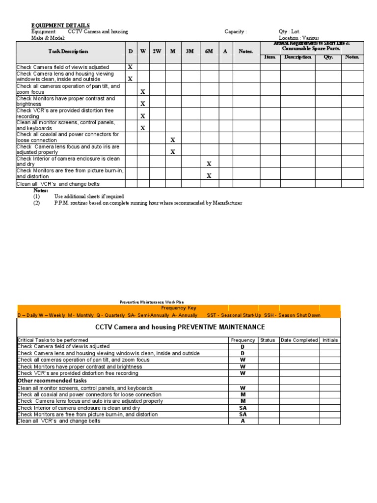 CCTV Preventive Maintenance Checklist | PDF | Camera | Videocassette ...