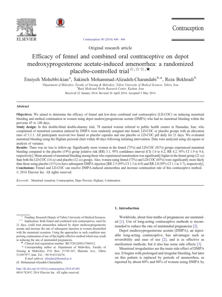 Efficacy of Fennel and Combined Oral Contraceptive On Depot
