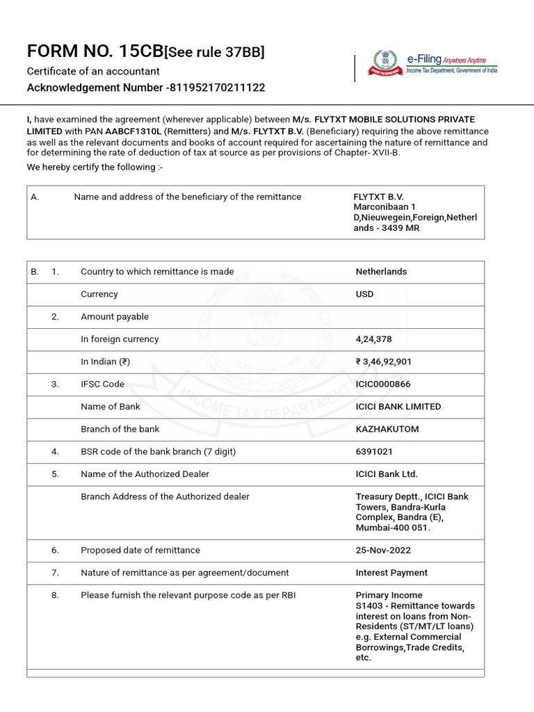 Flytxt ecb interest form 15cb 21 nov 22 download free pdf