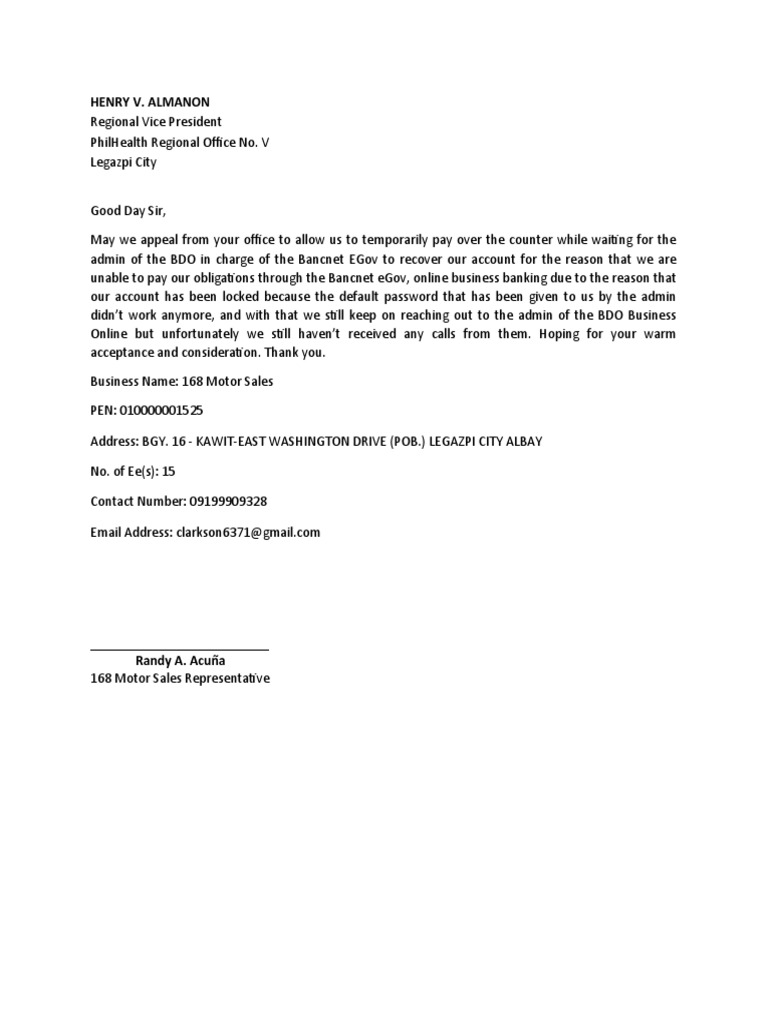 Letter of Request For Temporary OTC Payment PDF