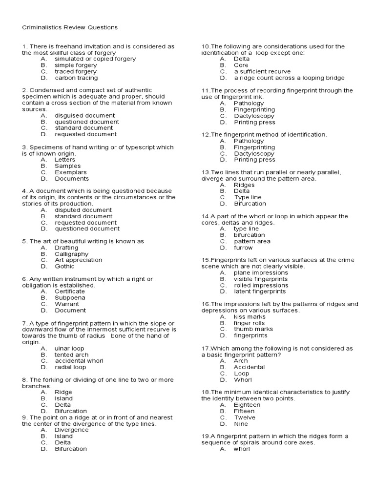 Criminalistics Review Questions | PDF | Fingerprint | Forensic Science