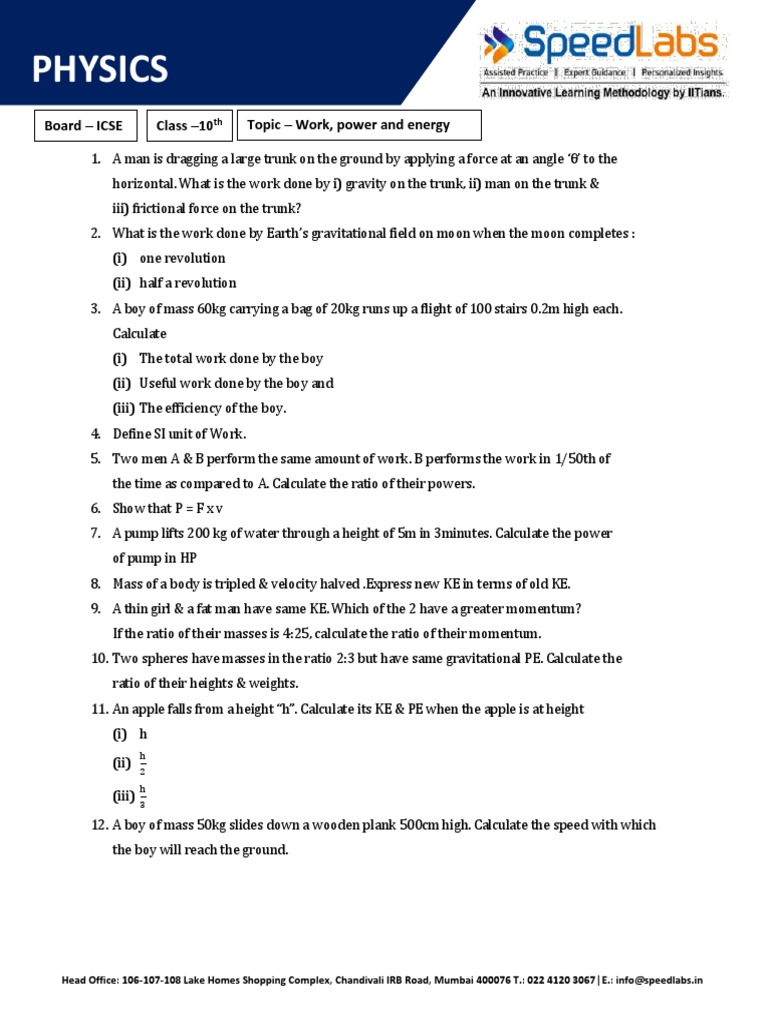 Work Power and Energy - Important Qs - Important Questions | PDF | Mass ...