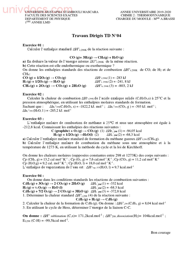 Enthalpies de réaction et combustion | PDF | Enthalpie | Génie des ...