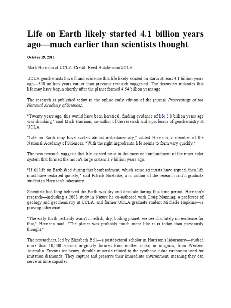 Evidence of Life on Earth 4.1 Billion Years Ago | PDF