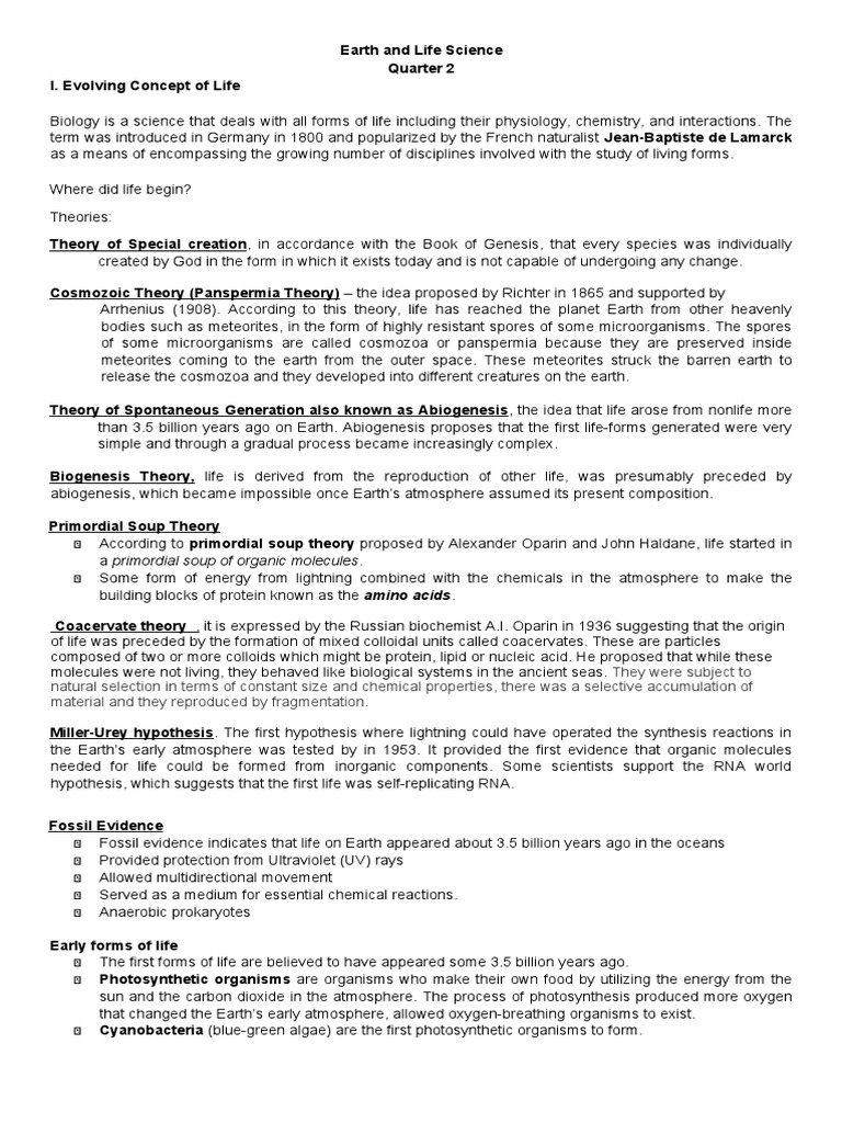 Earth and Life Science Handout 2nd QTR | PDF | Life | Organisms