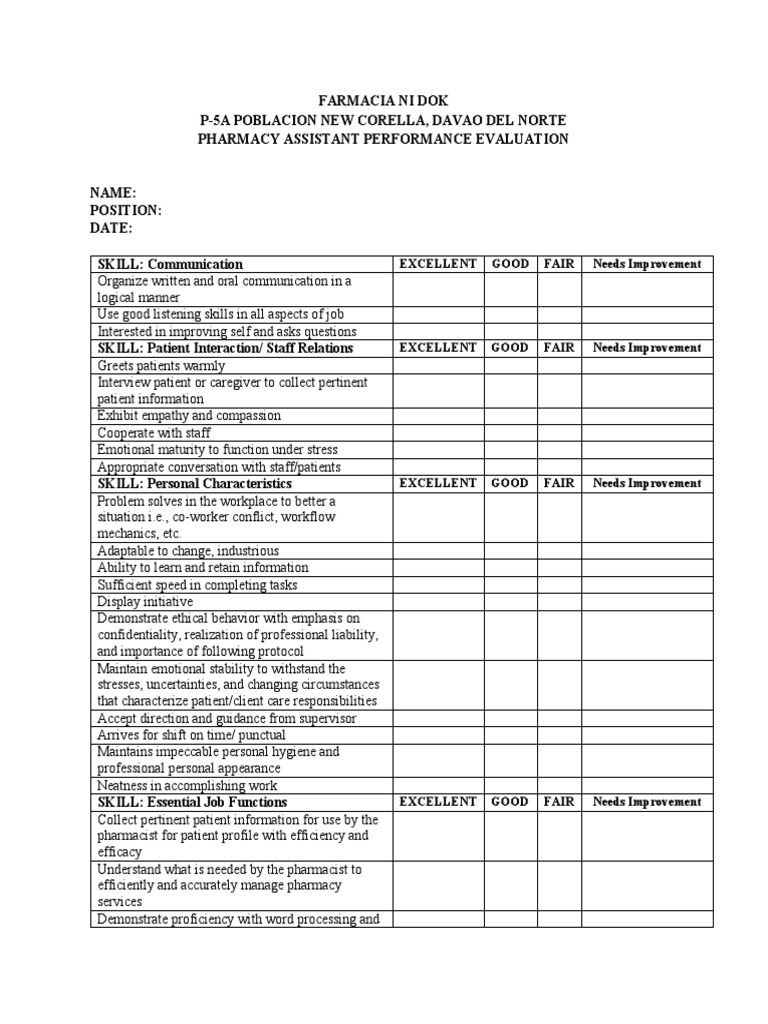 Pharmacy Assistant Performance Review | PDF