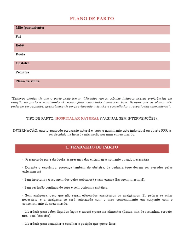 Plano de Parto - Modelo | PDF | Parto | Saúde pública