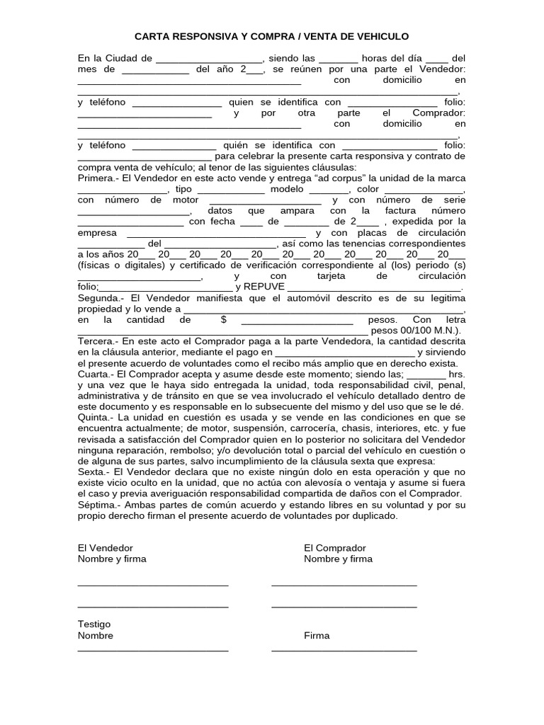 Carta Responsiva De Compraventa De Auto Pdf