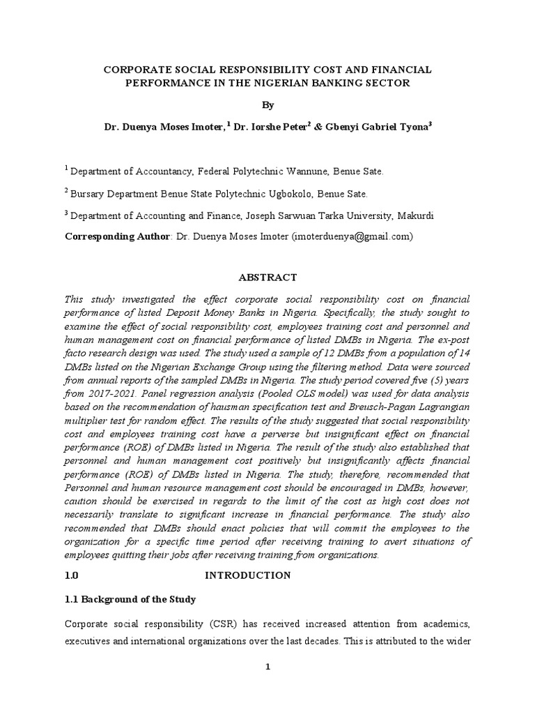 CSR Costs and Financial Performance in Banks | PDF | Corporate Social ...