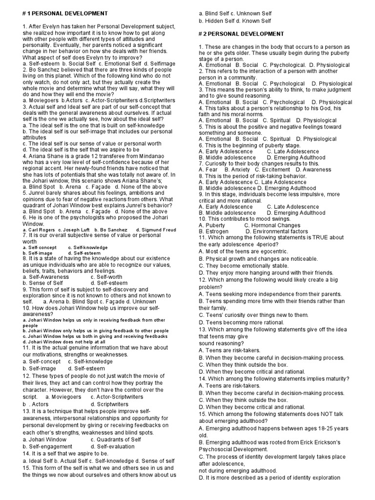 Personal Development Insights and Concepts | PDF | Adolescence | Self ...