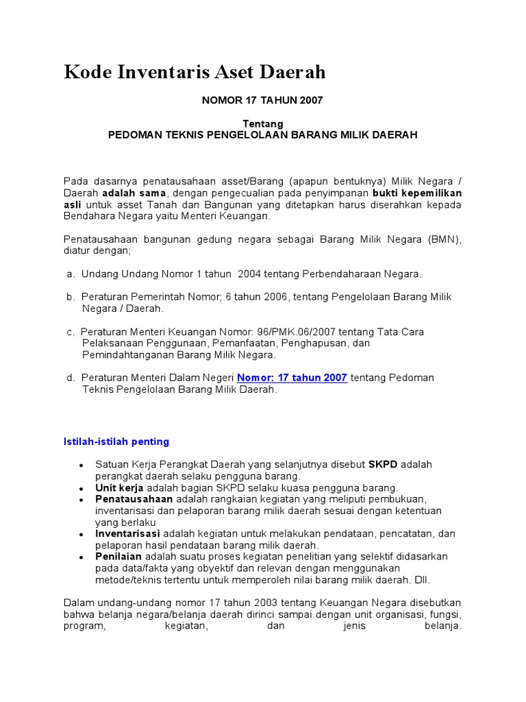 Pedoman Kode Inventaris Aset Daerah | PDF