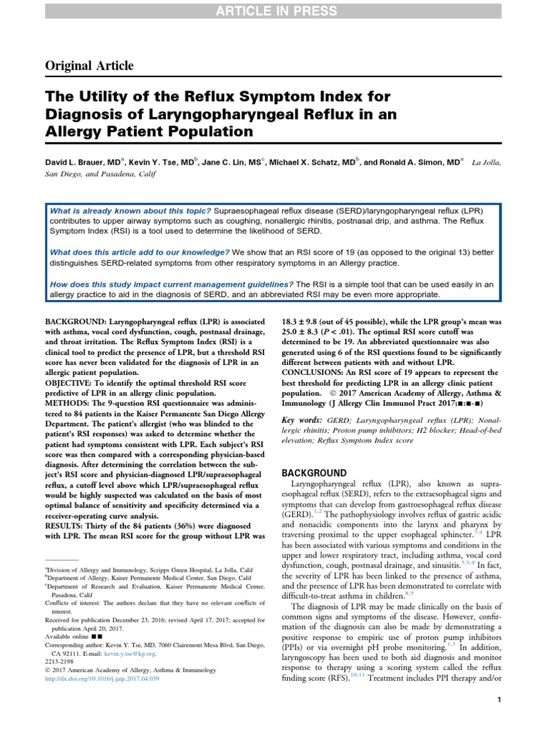 Optimal RSI Score for Allergy Patients | PDF | Gastroesophageal Reflux ...