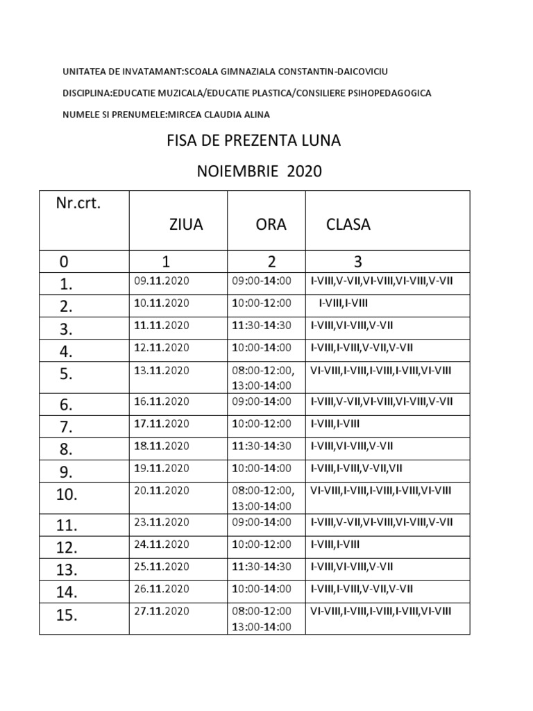 Condica de Prezenta Noiembrie PDF