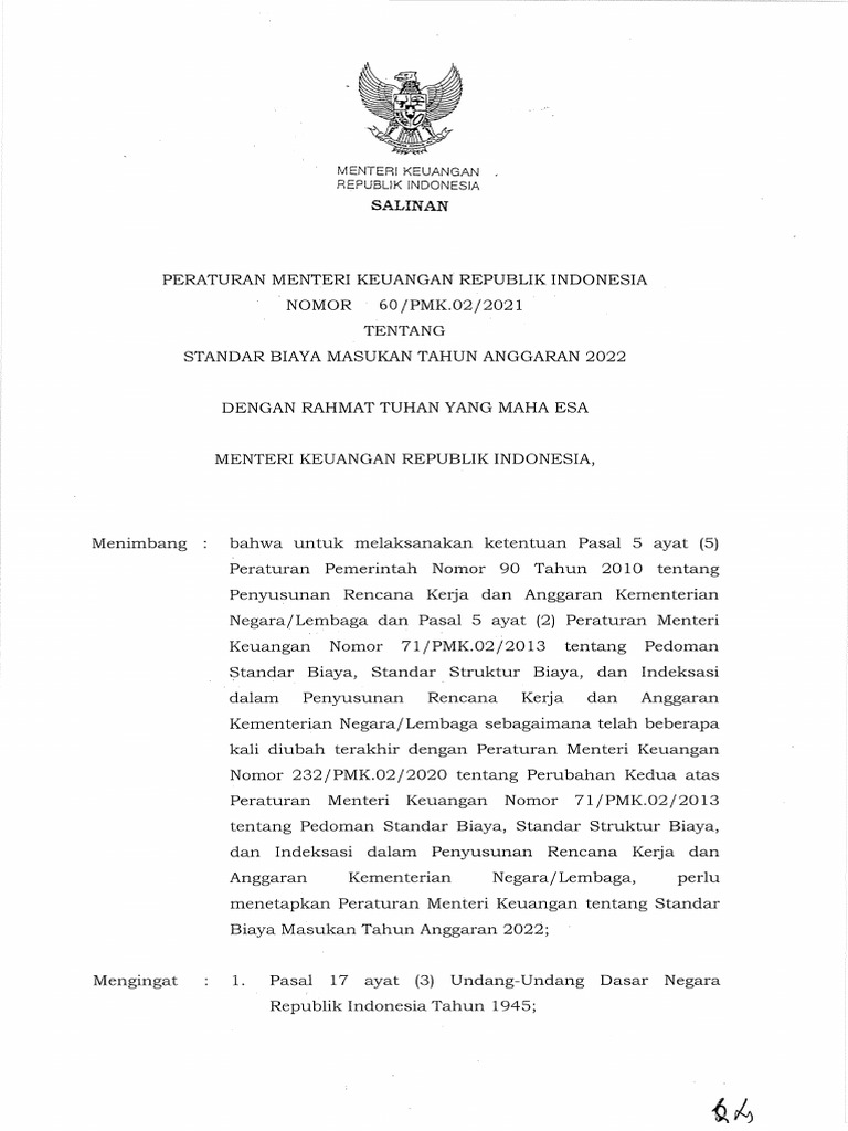 PMK No 60 Tahun 2021 - SBM Ta 2022 | PDF