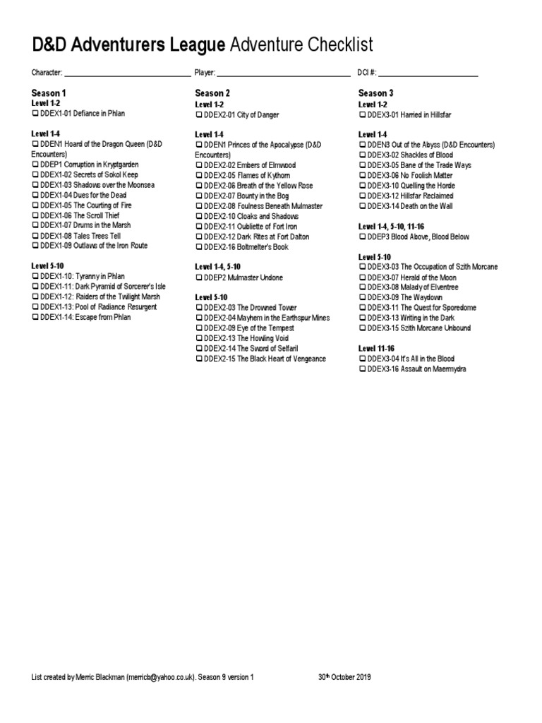 D&amp;D Adventurers League Adventure Checklist | PDF | Dungeons &amp; Dragons ...