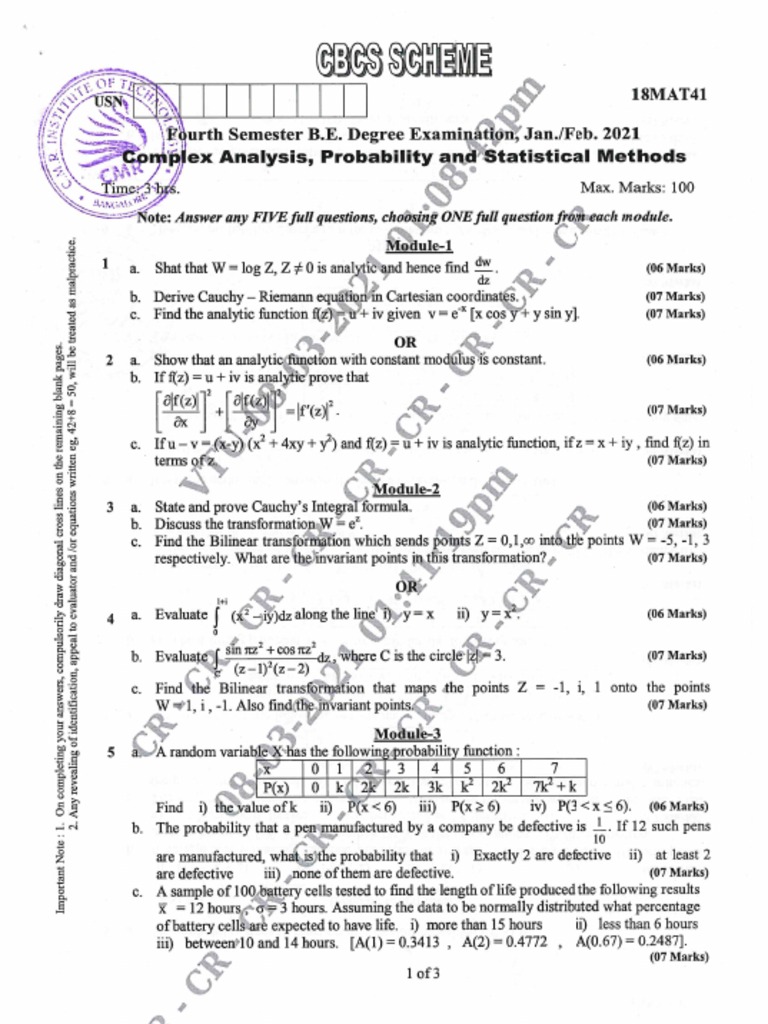 VTU Question Paper of 18MAT41 Complex Analysis, Probability and