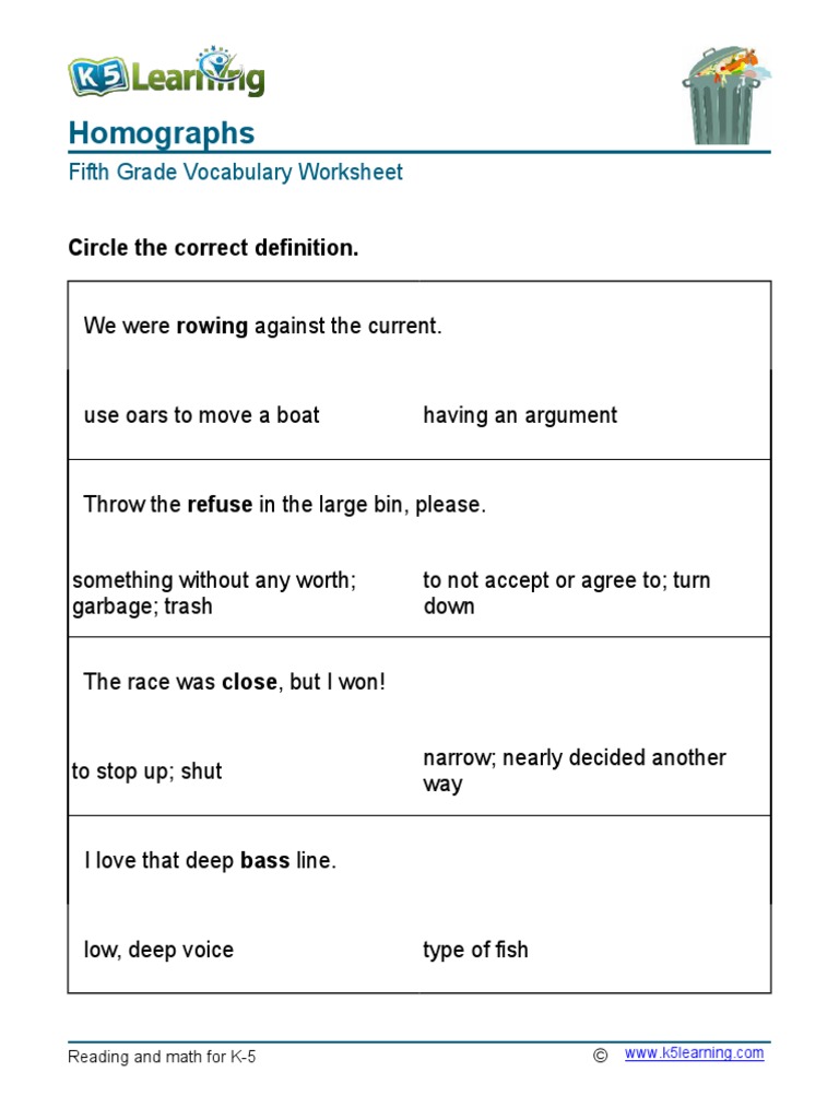 Homograph Worksheets 5th Grade
