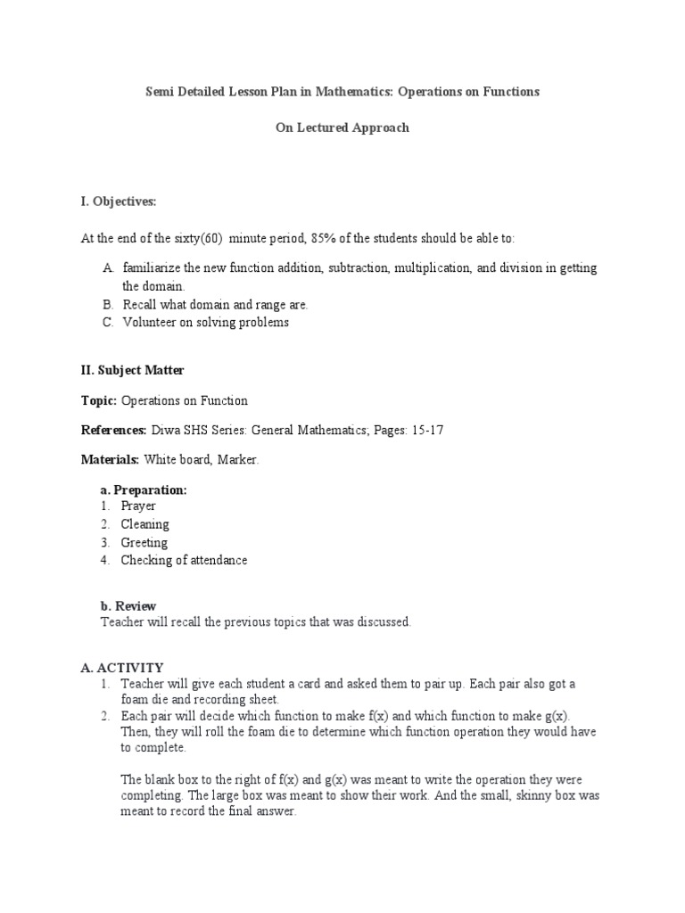 Semi detailed lesson plan for operation of functions discovery and