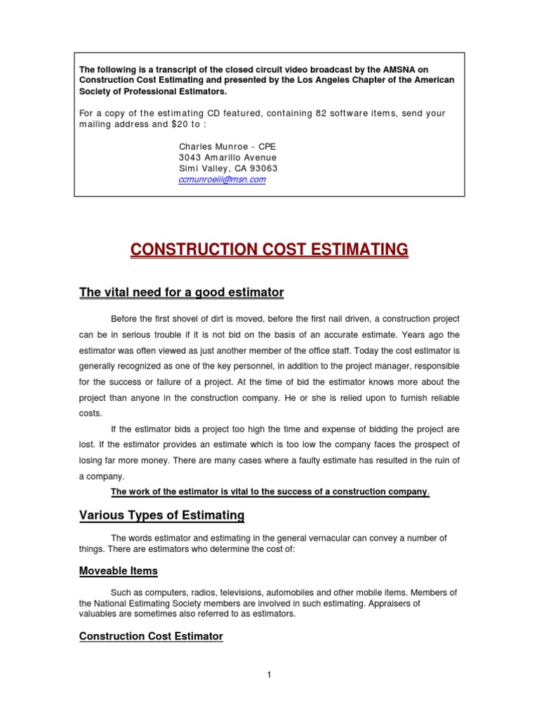 Construction Cost Estimating | PDF | Employment | Economies