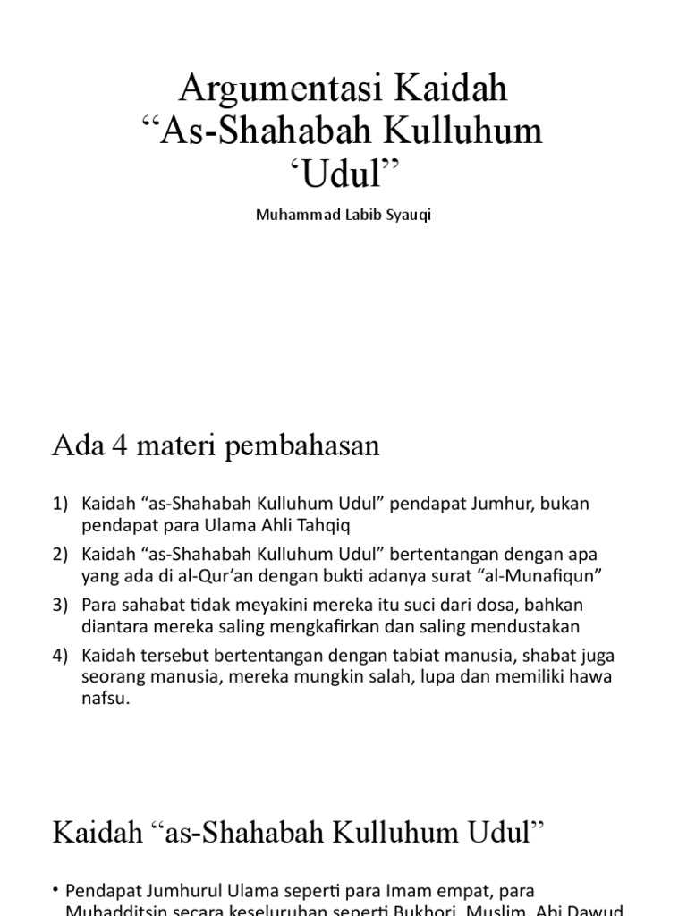 Kaidah As-Shahabah Kulluhum Udul | PDF