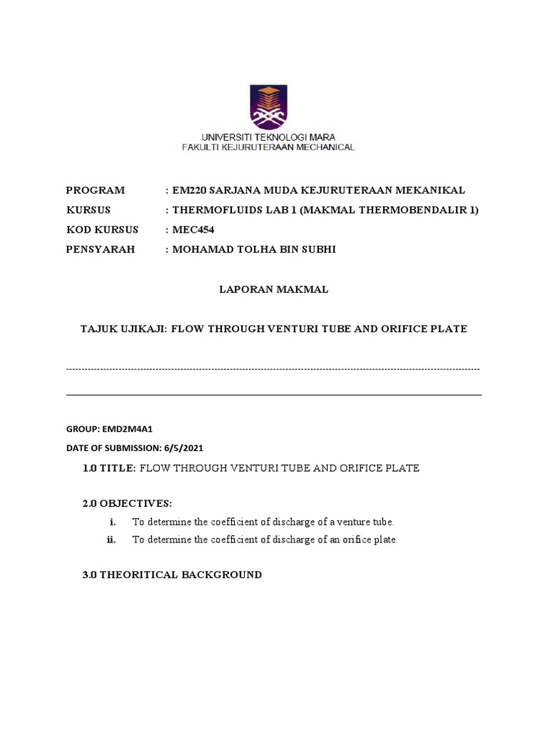 Lab Report Flow Through Venturi Tube and Orifice Plate PDF Flow