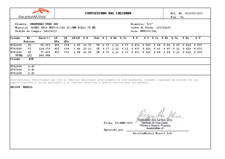 Certificado de Calidad Acero GR60 | PDF