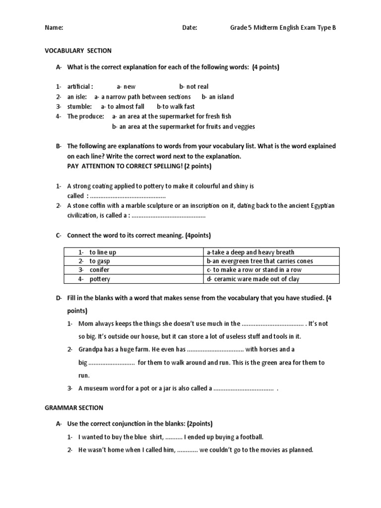 Grade 5 Midterm Type B 2021 PDF Verb Pottery