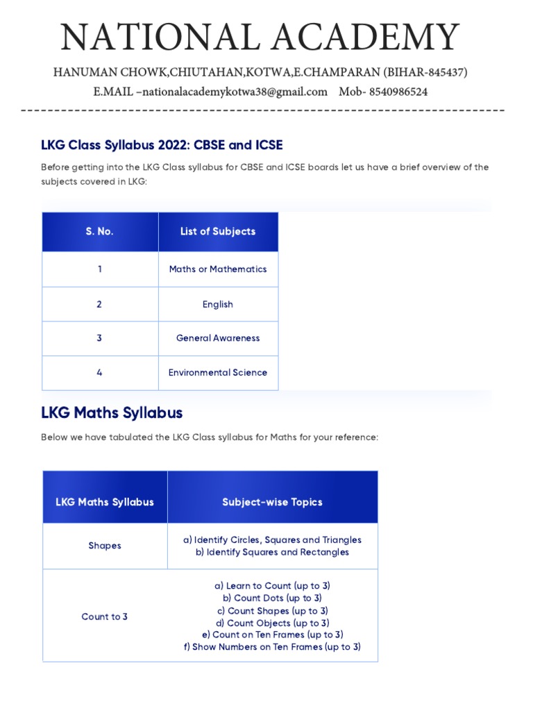 LKG Syllabus 2022 23 Latest Syllabus For ICSE and CBSE Embibe PDF