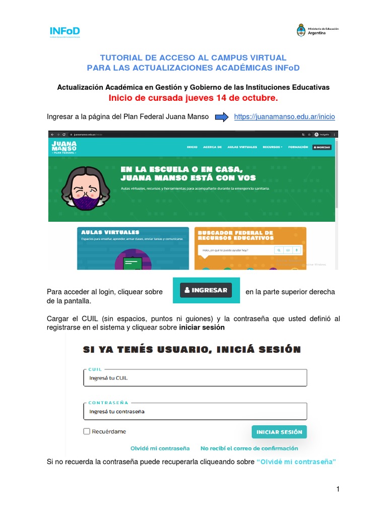 Tutorial Acceso Campus Virtual INFoD | PDF