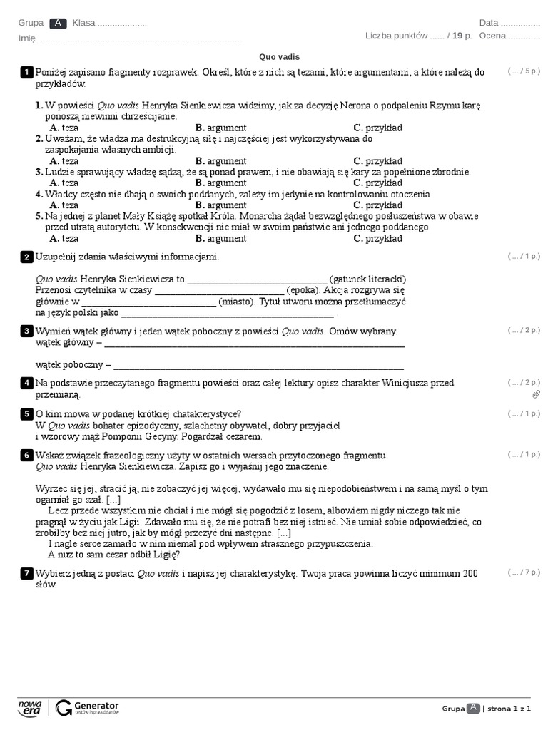 Quo Vadis Sprawdzian Nowa Era Quo Vadis Test (Z Widoczną Punktacją) | PDF