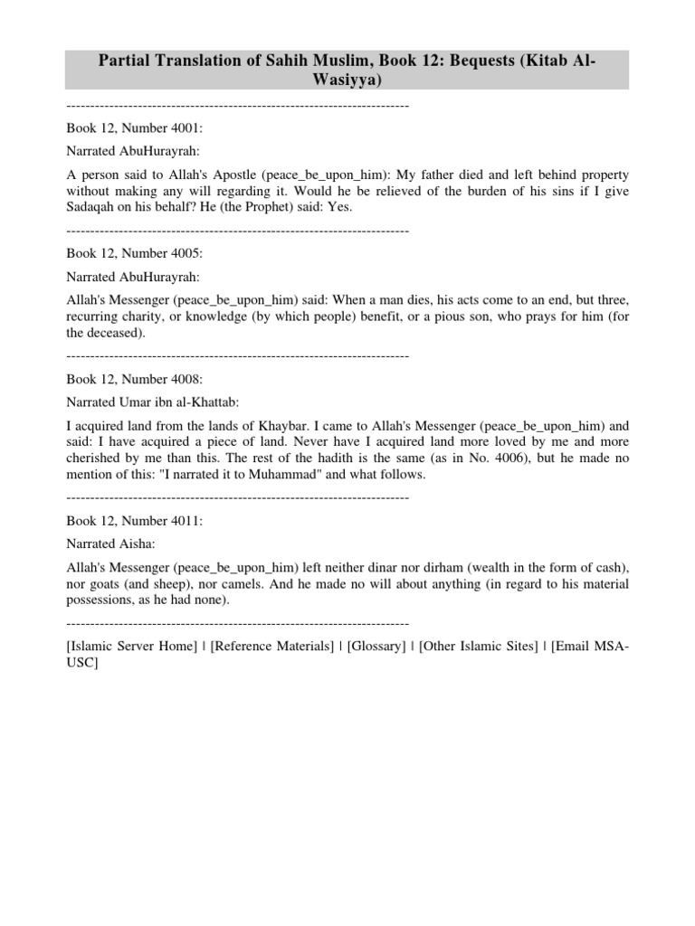 Bequests (Kitab Al-Wasiyya) | PDF