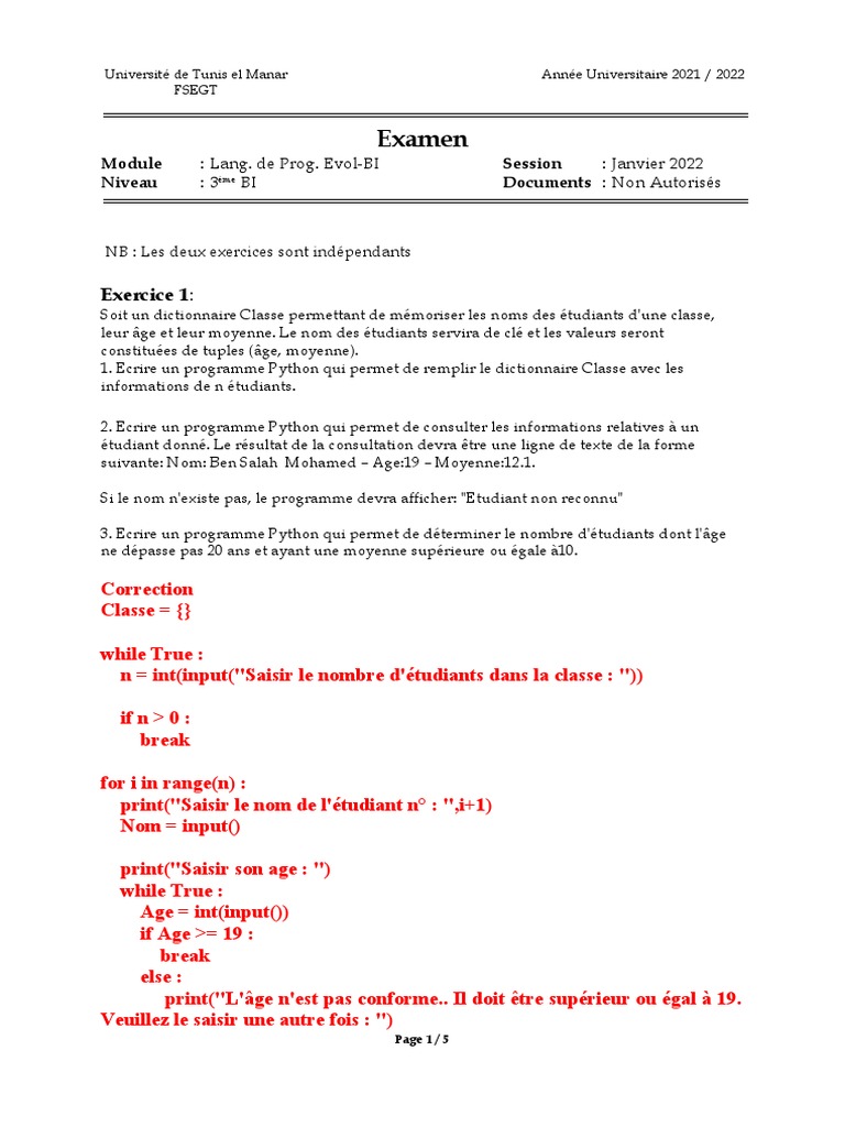 Examen Python 3ème BI - Janv 2022 | PDF | Fichier texte | Python ...