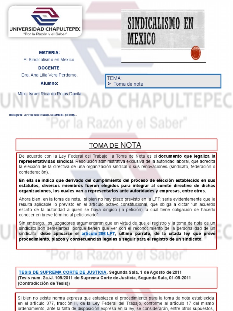 Toma de Nota en Sindicalismo Mexicano | PDF | Sindicato | Caso de ley