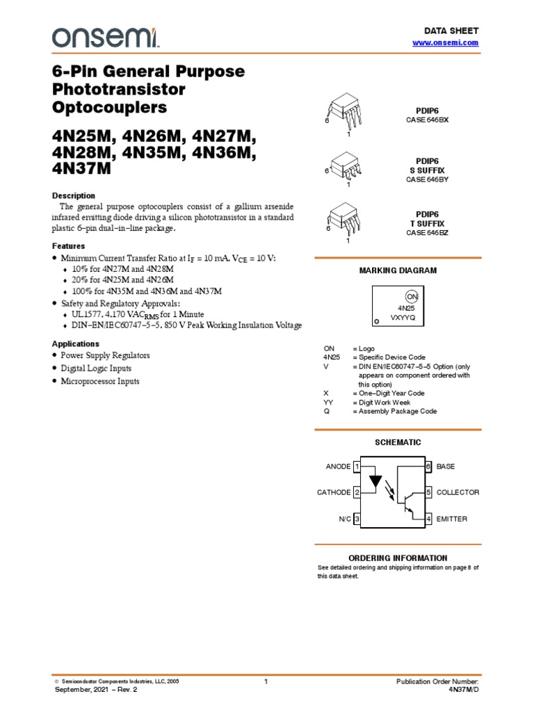 6Pin General Purpose Phototransistor Optocouplers 4N25M, 4N26M, 4N27M