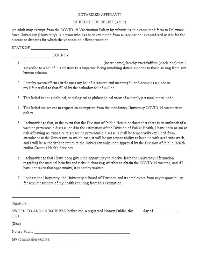 Affidavit - Religious Exemption - Adult | PDF | Notary Public 