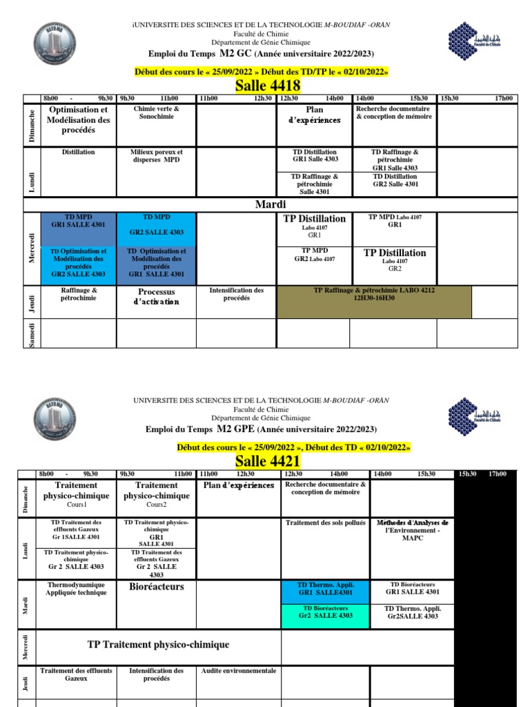 Emploi Du Temps - DPT GC - 2022 2023 M2 GC GPE N | PDF | Chimie | Génie ...