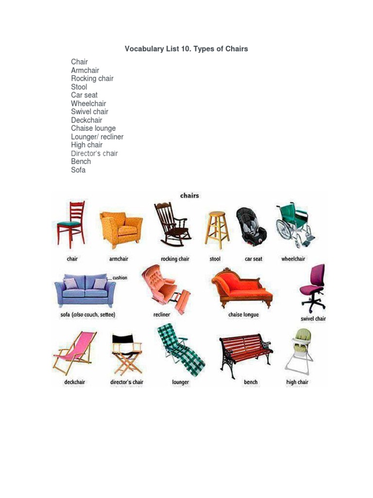 Vocabulary List 10. Types of Chairs PDF