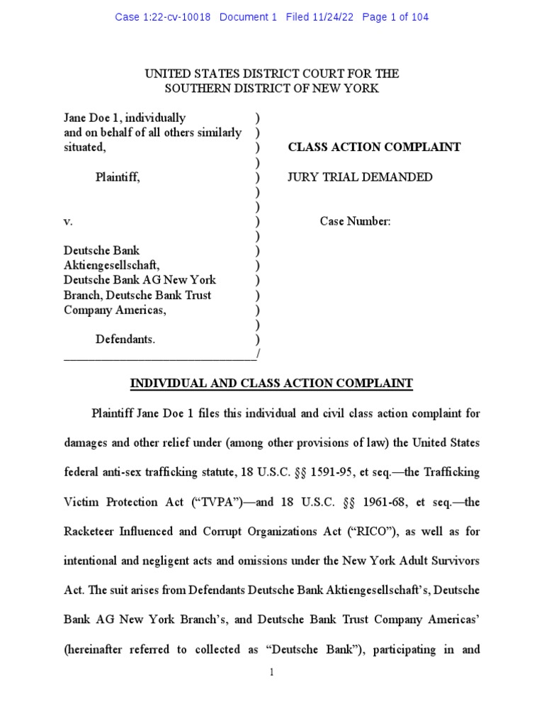 Deutsch Bank Epstein Lawsuit PDF Sex Trafficking Racketeer Influenced And Corrupt