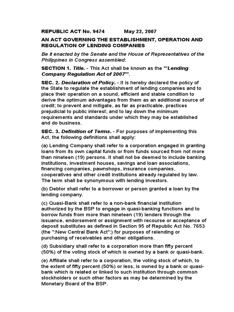 Lending Company Regulation Act of 2007 (Ra 9474) PDF Loans Stocks