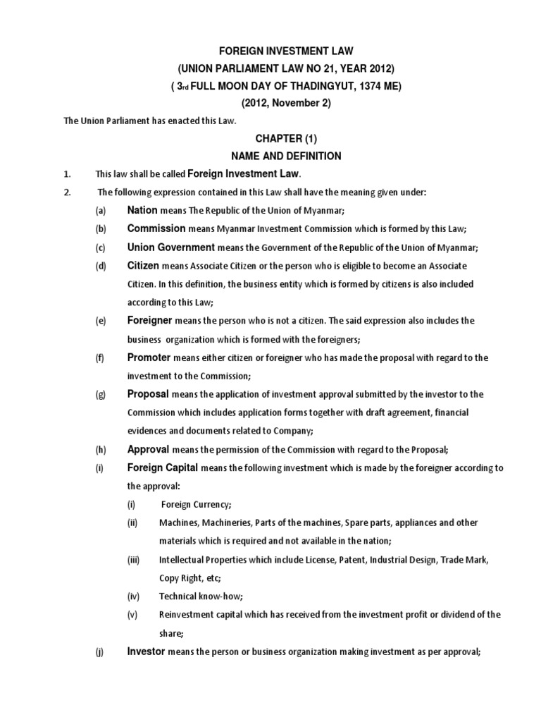 Myanmar Foreign Investment Law PDF Employment Joint Venture
