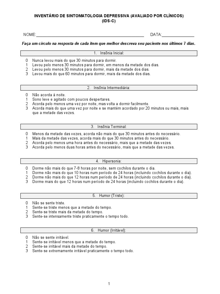 Inventário de Sintomatologia Depressiva (Avaliado Por Clínicos) (Ids-C ...