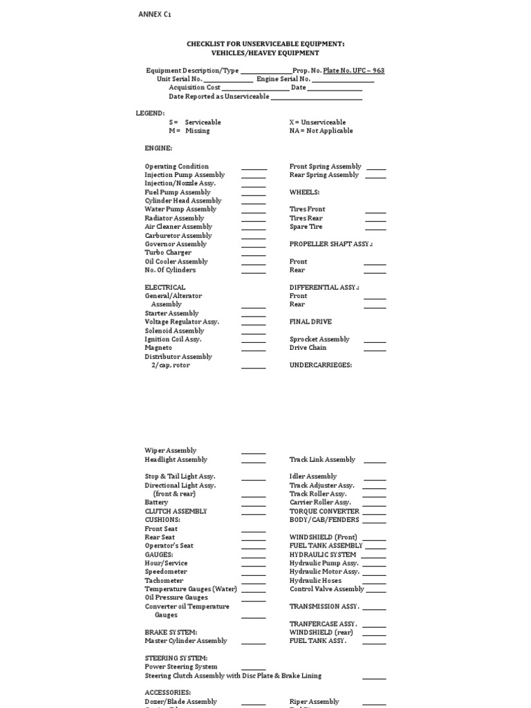 Checklist For Unserviceable Vehicles | PDF