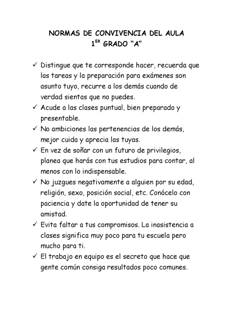 Normas de Convivencia en el Aula 1A | PDF | Relaciones personales ...
