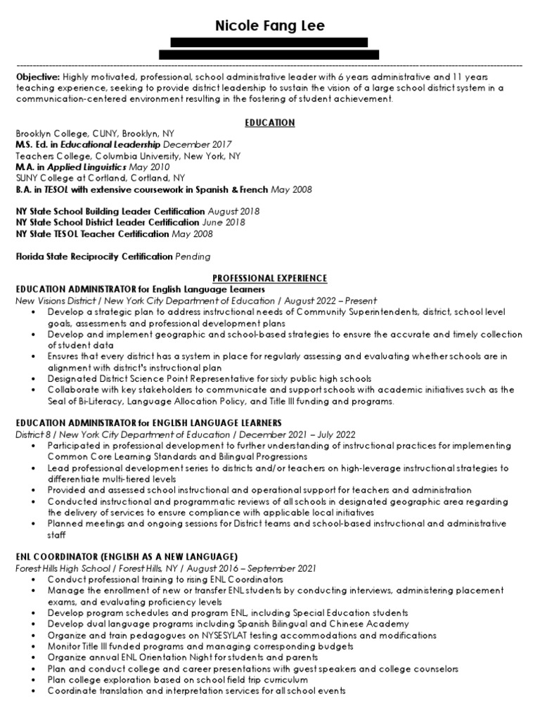 Fang Lee #39 s Resume PDF English As A Second Or Foreign Language
