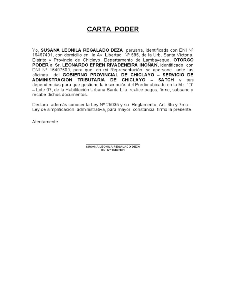 Carta Poder Satch Susana Leonila Regalado Deza | PDF