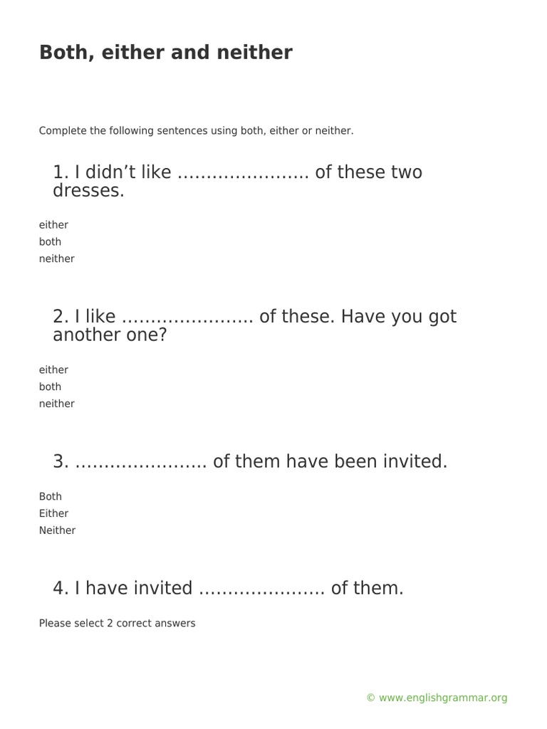 Exercises on Both, Either, Neither | PDF | Language Arts & Discipline ...